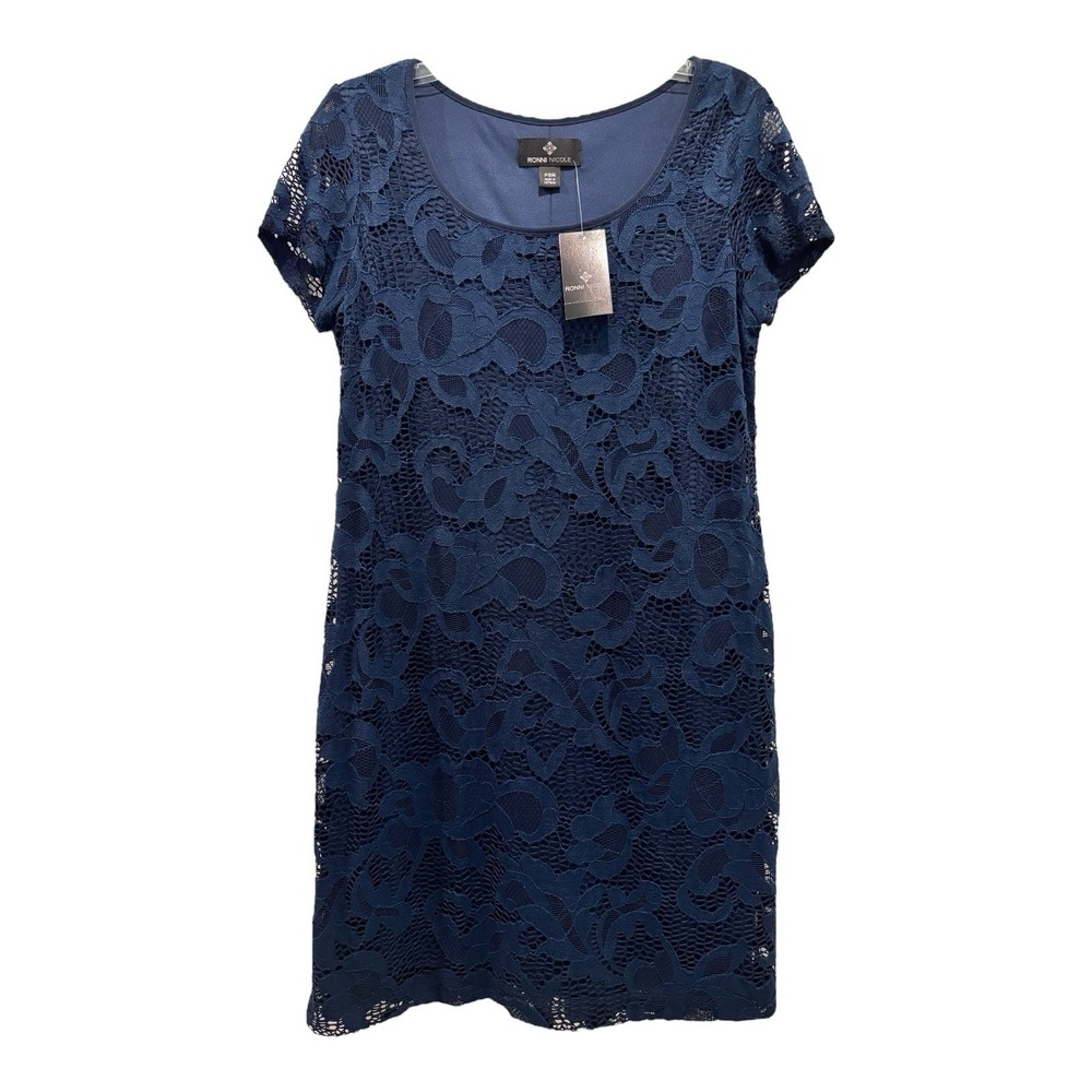 Ronnie Nicole Dress Petite Small Blue Floral Lace Overlay Cocktail Wedding Guest